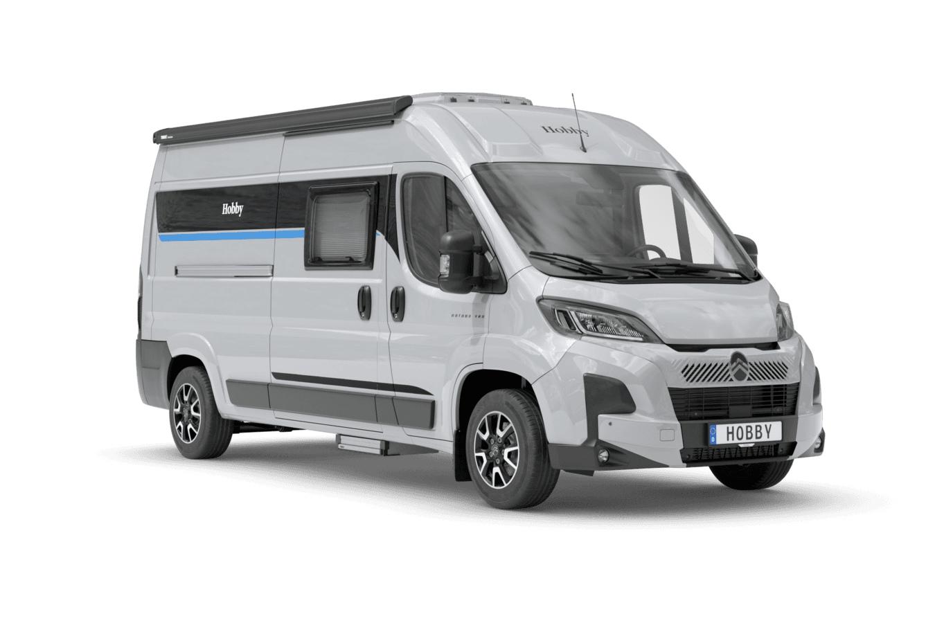 Grå campervan Hobby Ontour 600 FT med blå stripe