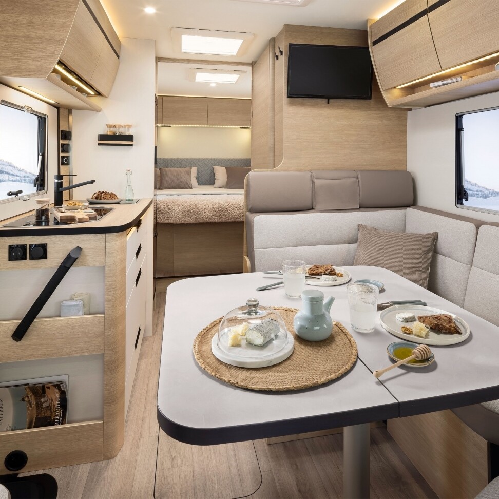 Bild över sittgrupp i en husbil med hörnsoffa Rapido 850F