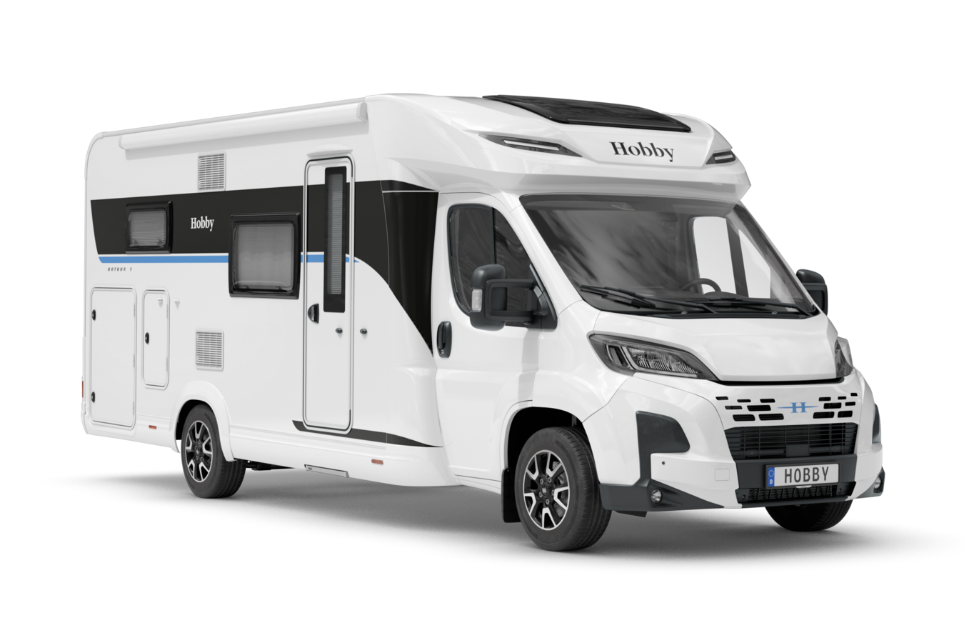 N&auml;rbild p&aring; vit och svart familjehusbil Ontour T710GE